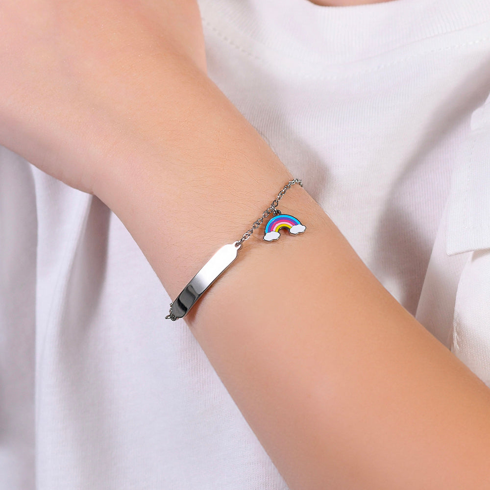 PULSERA DE ACERO NIÑA CON ARCO IRIS Y PLACA