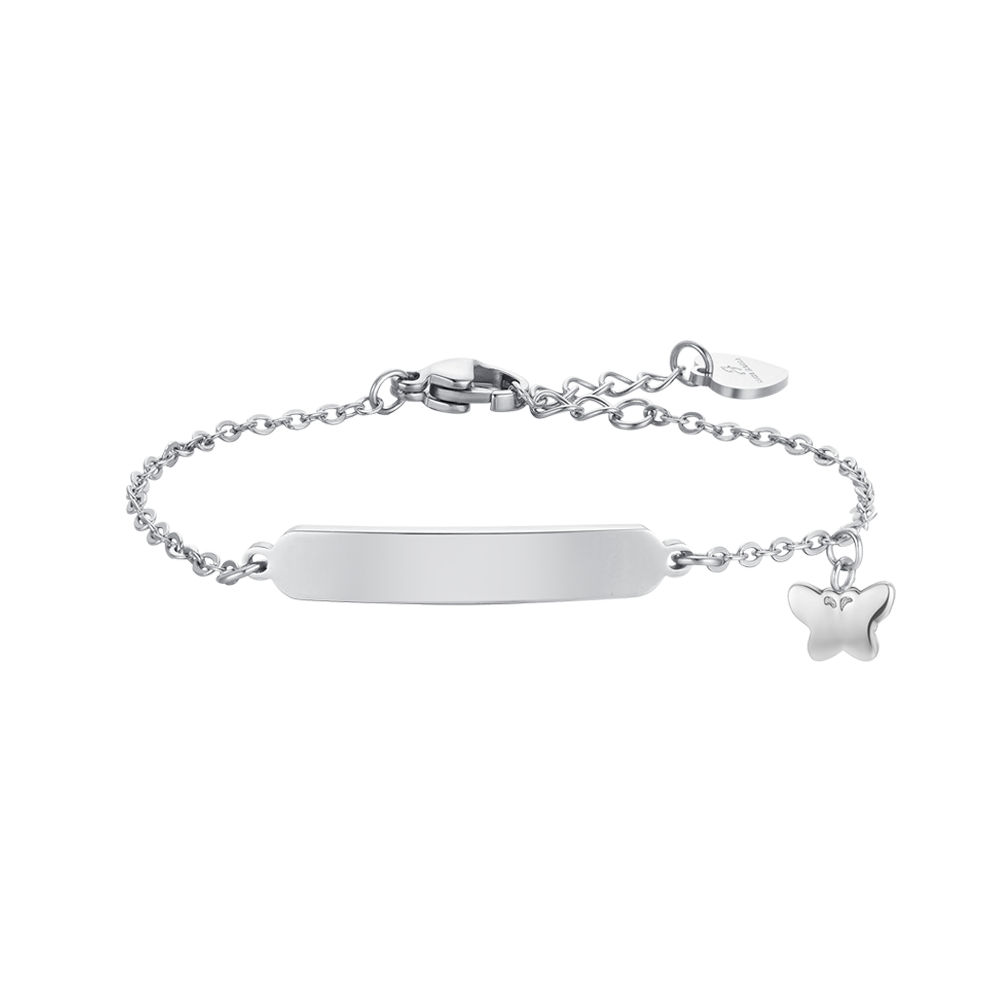 PULSERA DE ACERO NIÑA CON MARIPOSAS Y PLACA