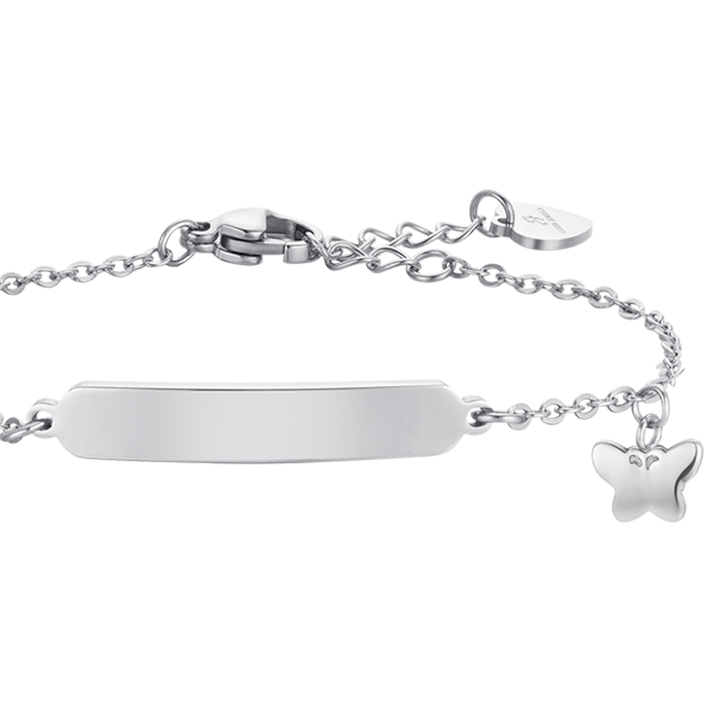 PULSERA DE ACERO NIÑA CON MARIPOSAS Y PLACA