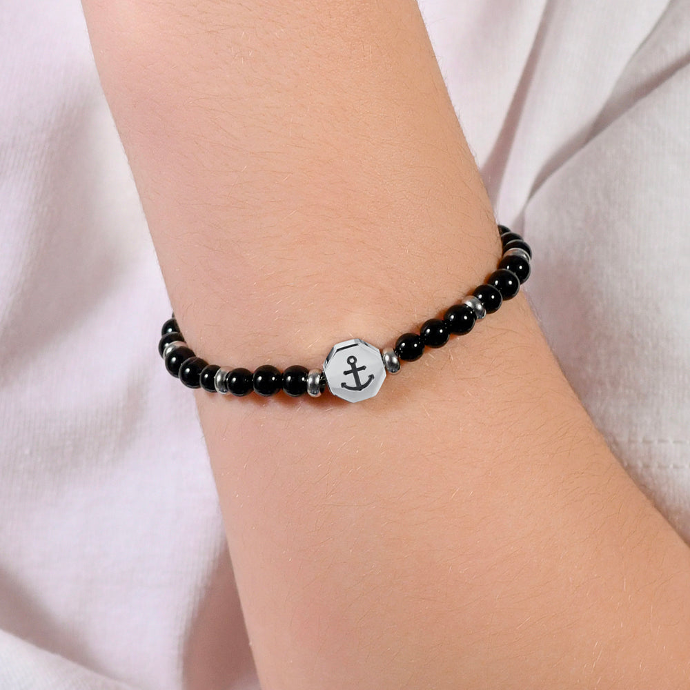 PULSERA BEBE ANCLA DE ACERO CON PIEDRAS NEGRAS