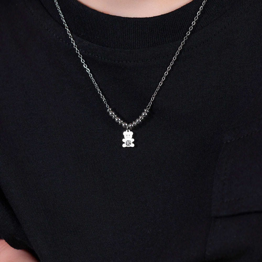 COLLAR DE ACERO PARA NIÑA CON OSITO DE PELUCHE CON CRISTALES BLANCOS