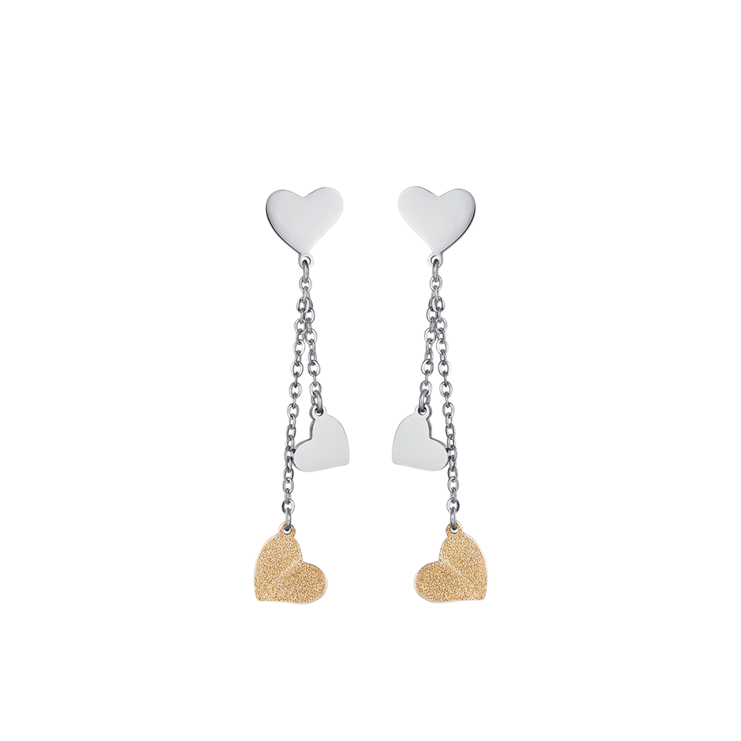 PENDIENTES DE ACERO CON CORAZONES Y PURPURINA DORADA IP