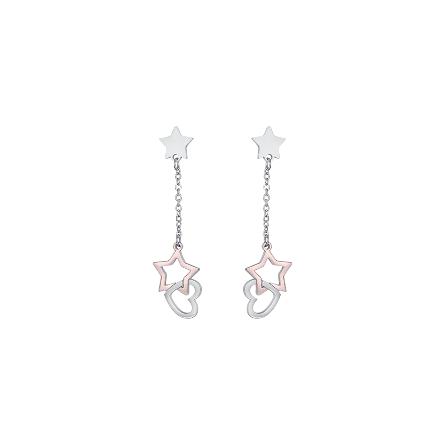 PENDIENTES DE ACERO CON CORAZONES DE ACERO Y ESTRELLAS IP ROSAS