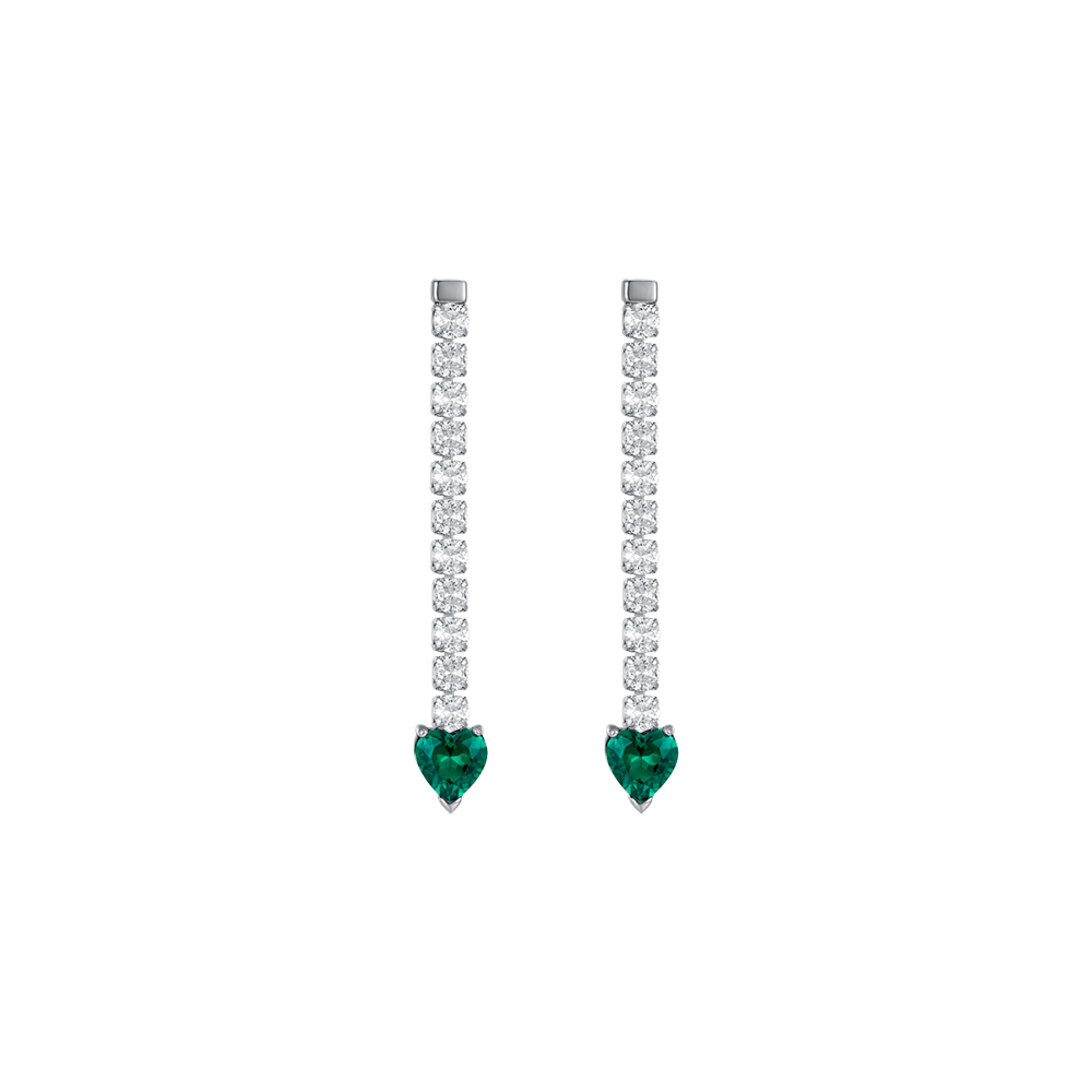 PENDIENTES DE TENIS DE ACERO PARA MUJER CON CRISTALES BLANCOS Y CORAZONES DE CRISTAL VERDE