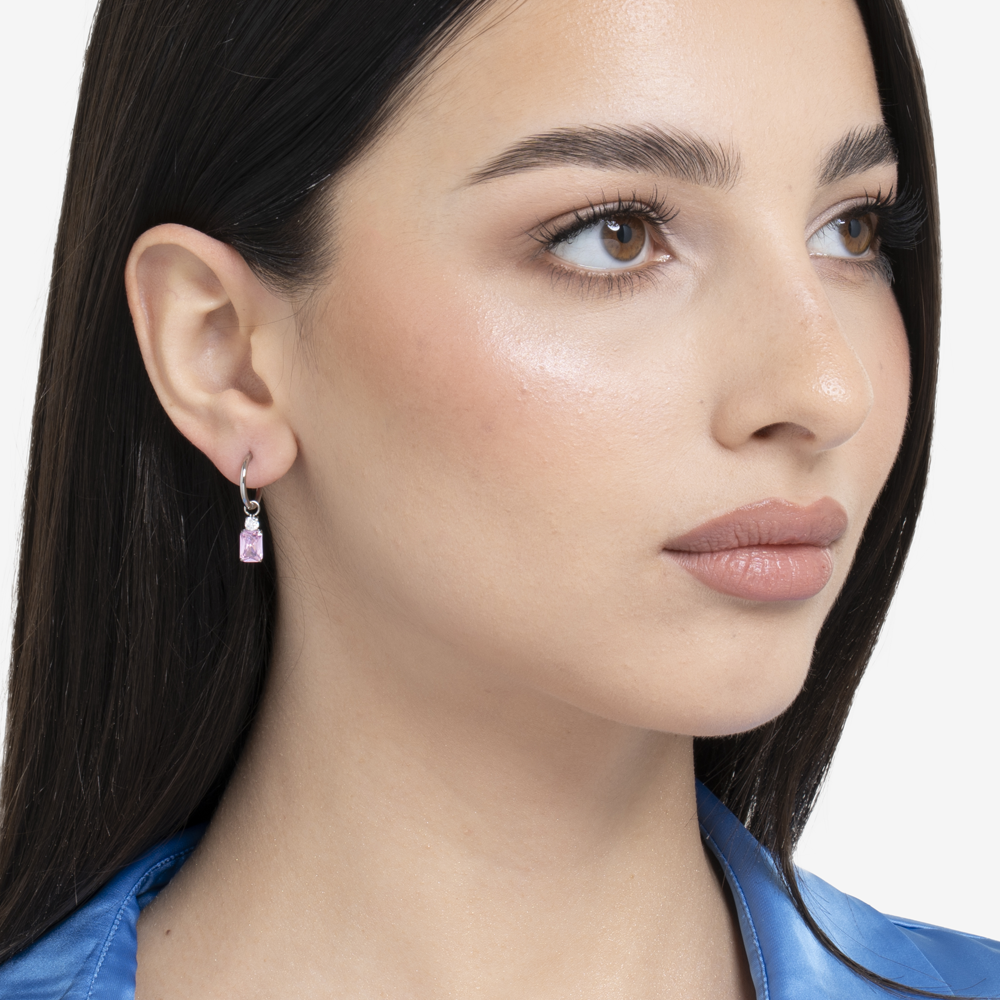 MONO ORECCHINI DONNA IN ACCIAIO CON ZIRCONI ROSA E BIANCHI