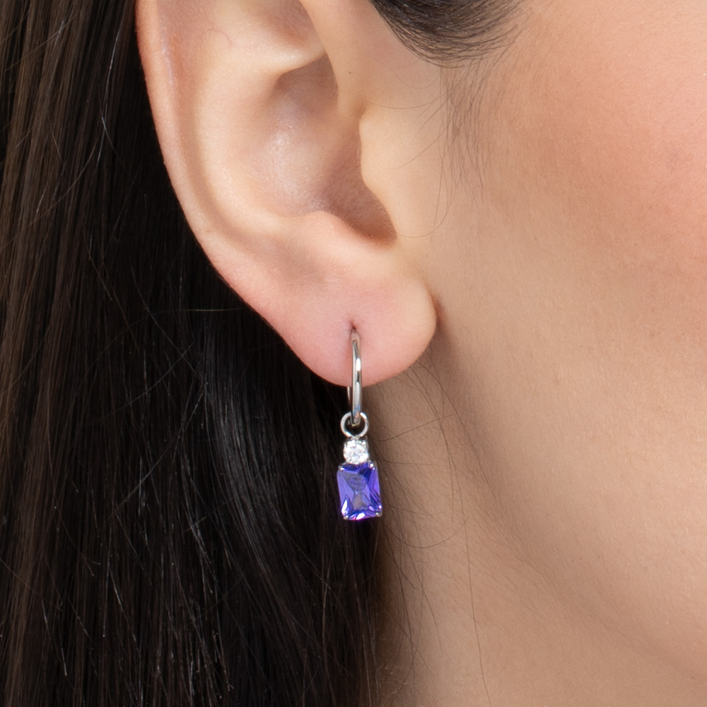 MONO ORECCHINI DONNA IN ACCIAIO CON ZIRCONI VIOLA E BIANCHI