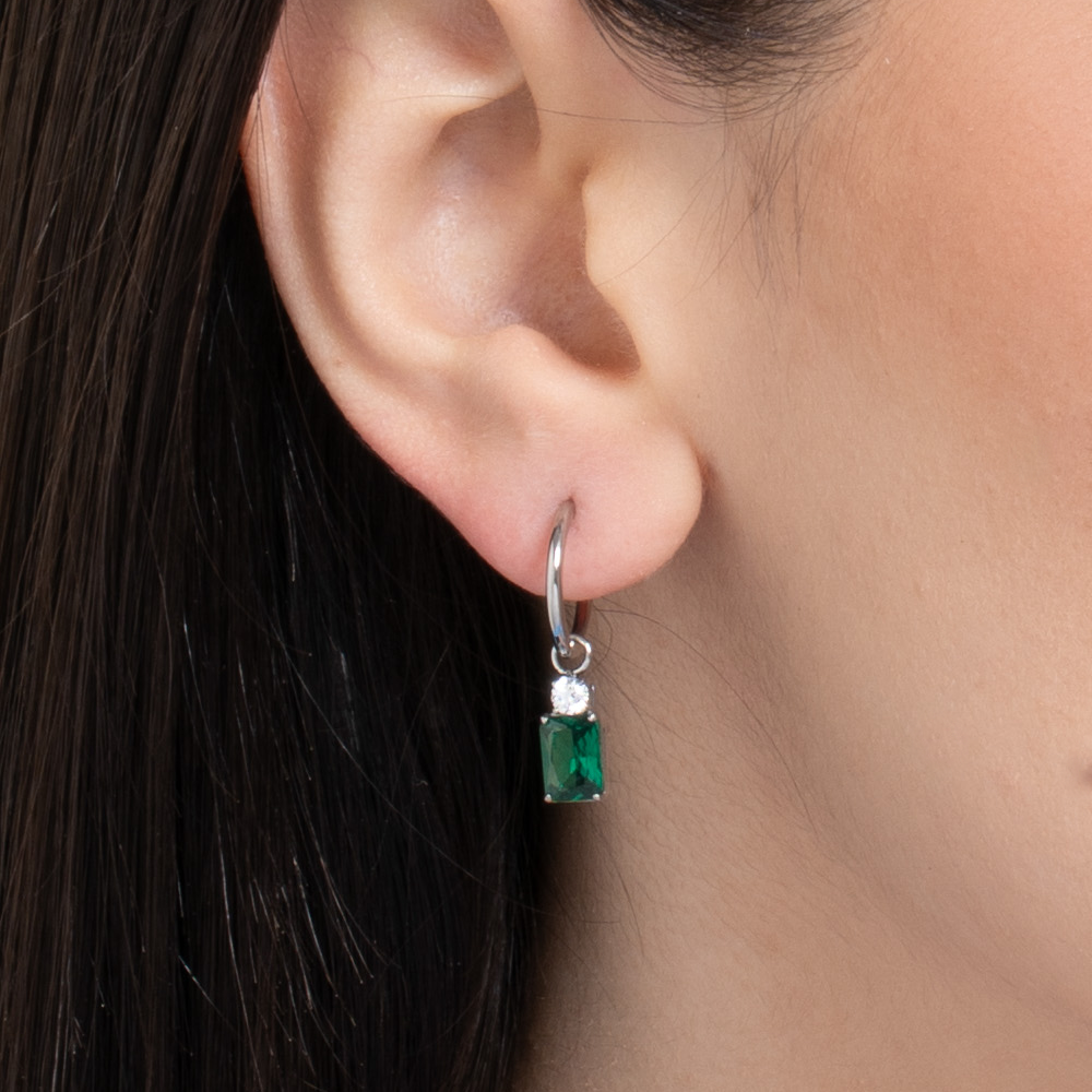 MONO ORECCHINI DONNA IN ACCIAIO CON ZIRCONI VERDE E BIANCHI