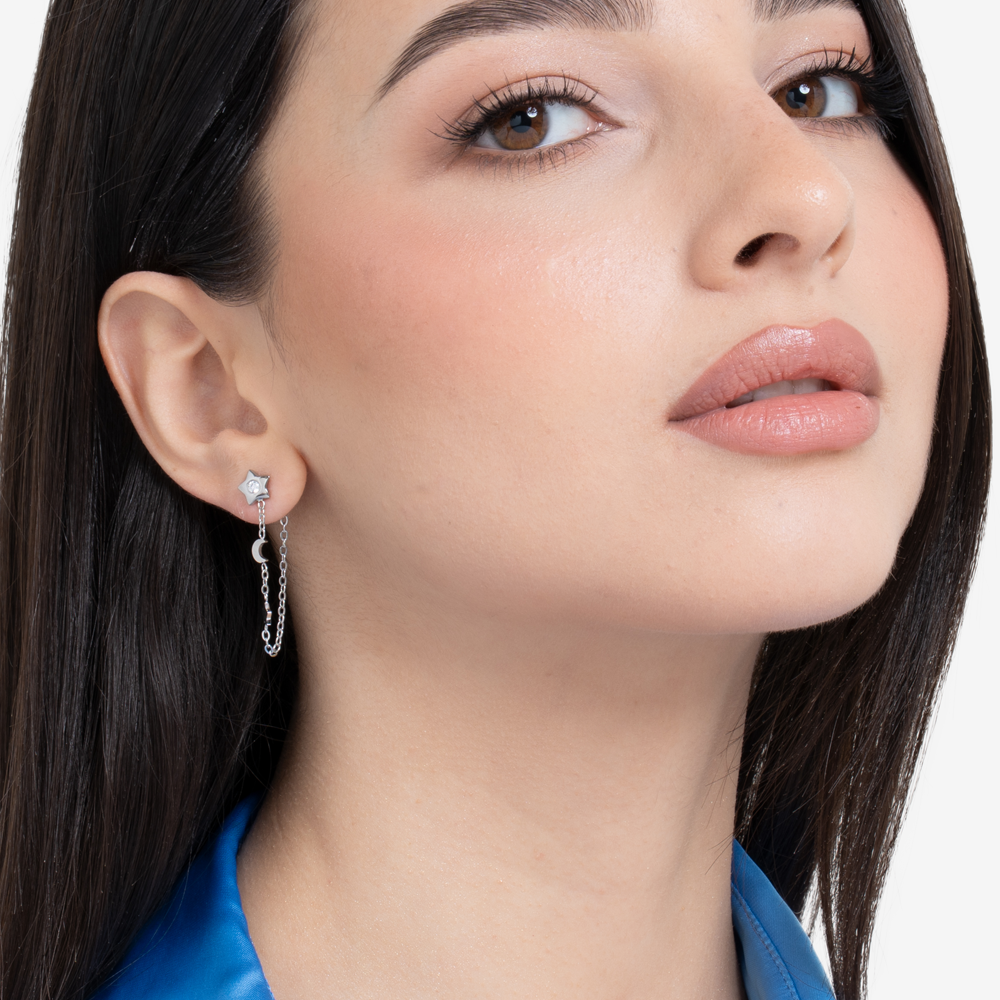 MONO ORECCHINO DONNA IN ACCIAIO, LUNA CON ZIRCONE BIANCO E STELLE