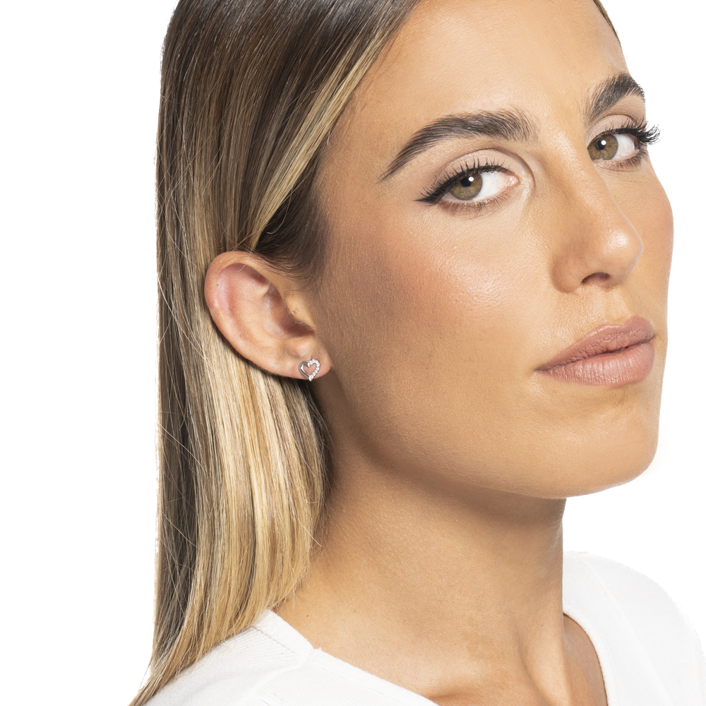 MONO ORECCHINO DONNA IN ACCIAIO CON CUORE CON PETALO CON PUNTI LUCE ZIRCONE BIAN
