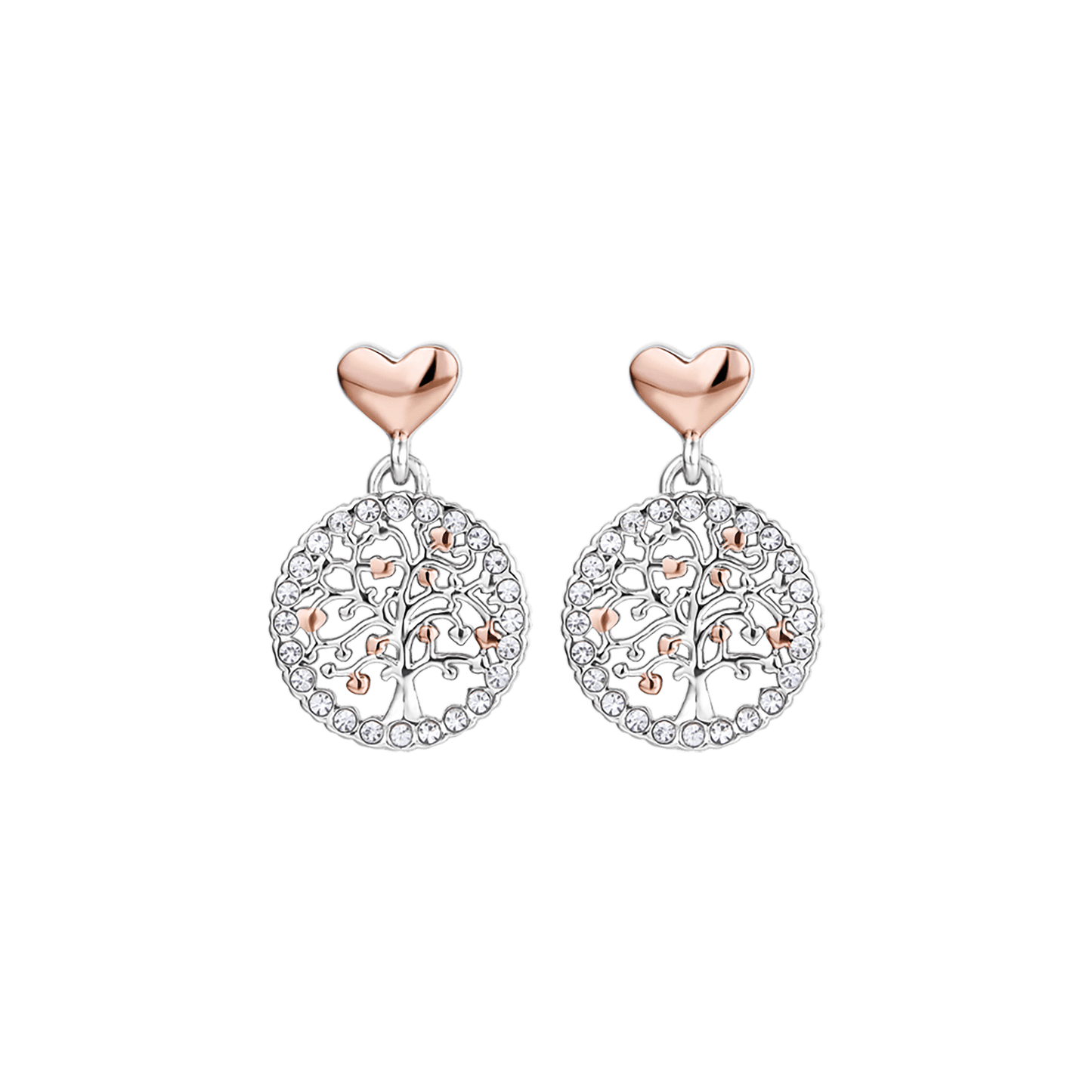 PENDIENTES DE ACERO ÁRBOL DE LA VIDA PARA MUJER CON CRISTALES BLANCOS Y CORAZONES IP RO