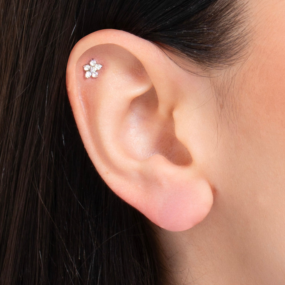 PIERCING ORECCHIO DONNA IN ACCIAIO FORMA FIORE PETALI ZIRCONI BIANCHI