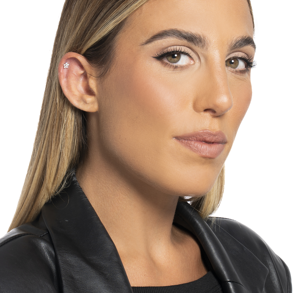 PIERCING ORECCHIO DONNA IN ACCIAIO FORMA FIORE PETALI ZIRCONI BIANCHI