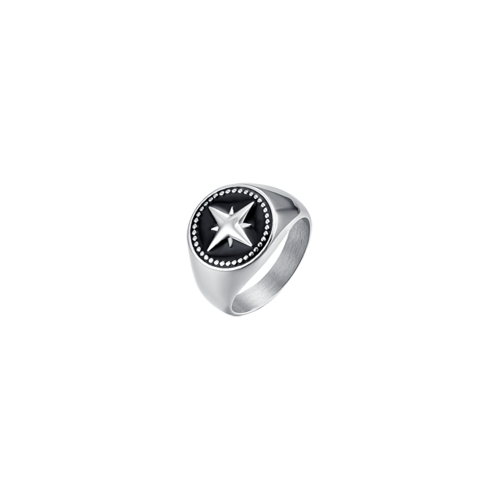 ANILLO DE ACERO PARA HOMBRE CON ROSA DE LOS VIENTOS Y ESMALTE NEGRO