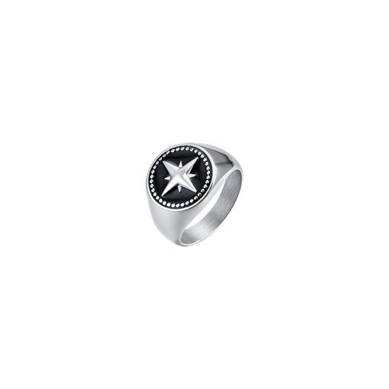 ANILLO DE ACERO PARA HOMBRE CON ROSA DE LOS VIENTOS Y ESMALTE NEGRO