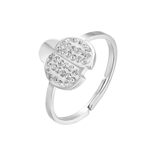 ANILLO DE ACERO PARA MUJER CON MARIQUITA Y CRISTALES BLANCOS TALLA: M
