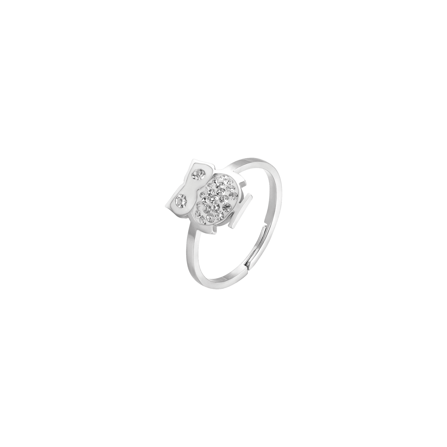 ANILLO DE ACERO PARA MUJER CON BÚHO Y CRISTALES BLANCOS TALLA: M