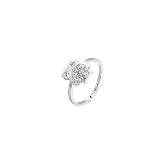 ANILLO DE ACERO PARA MUJER CON BÚHO Y CRISTALES BLANCOS TALLA: M