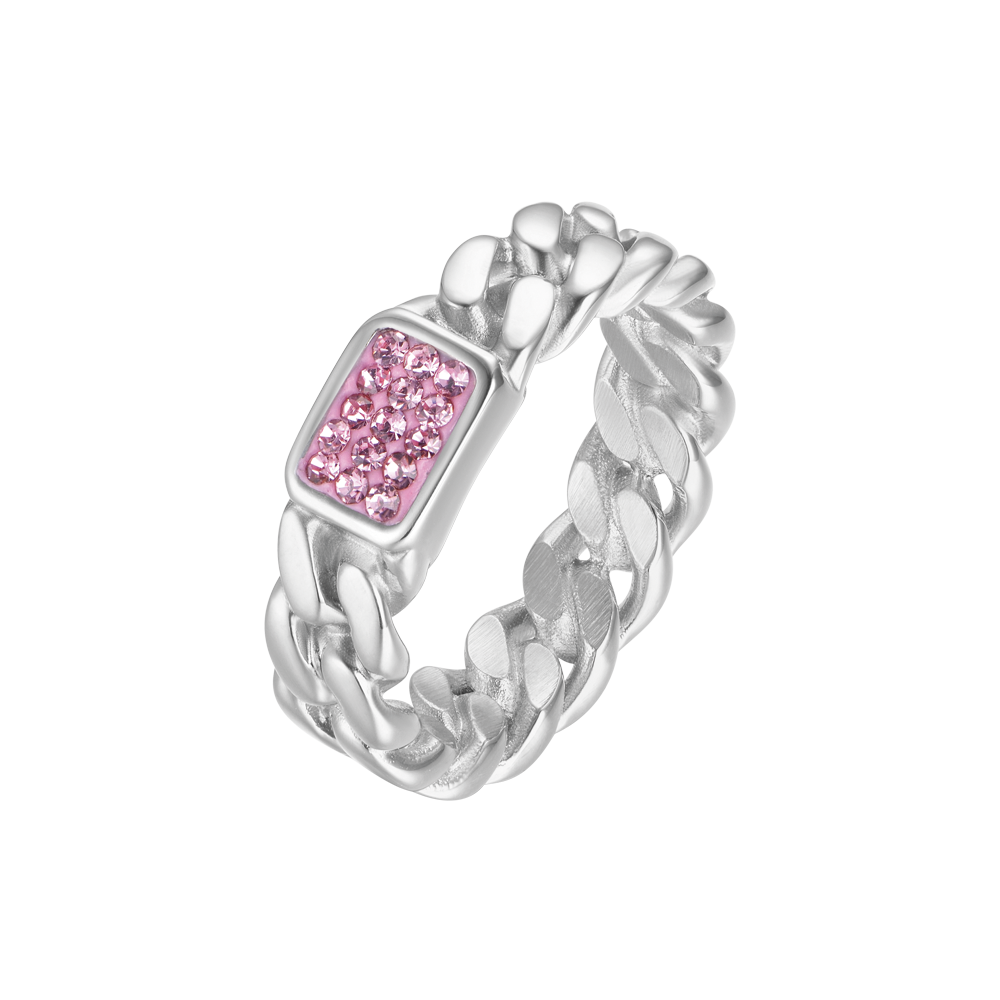 ANILLO DE ACERO CON CRISTALES FUCSIA
