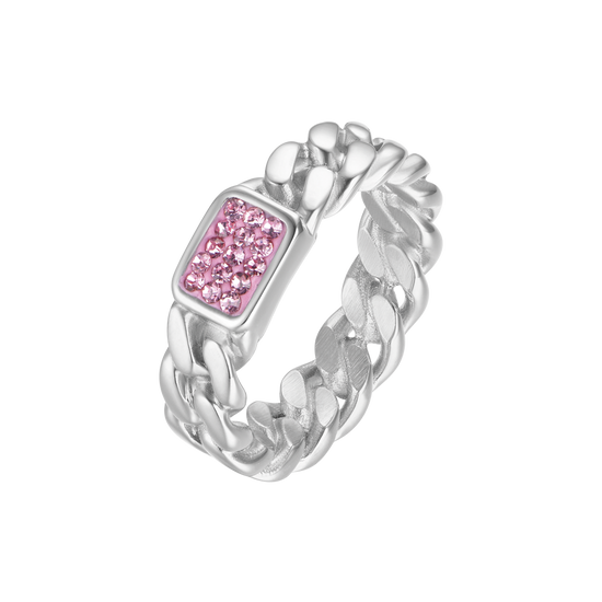 ANILLO DE ACERO CON CRISTALES FUCSIA
