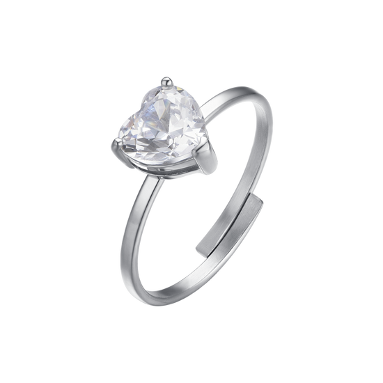 ANILLO DE ACERO PARA MUJER CON CRISTAL BLANCO EN FORMA DE CORAZÓN
