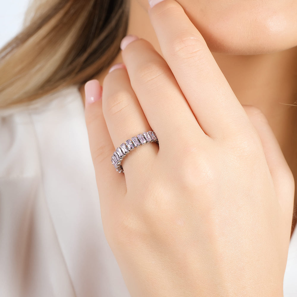 ANILLO ABIERTO DE ACERO PARA MUJER CON CRISTALES ROSAS