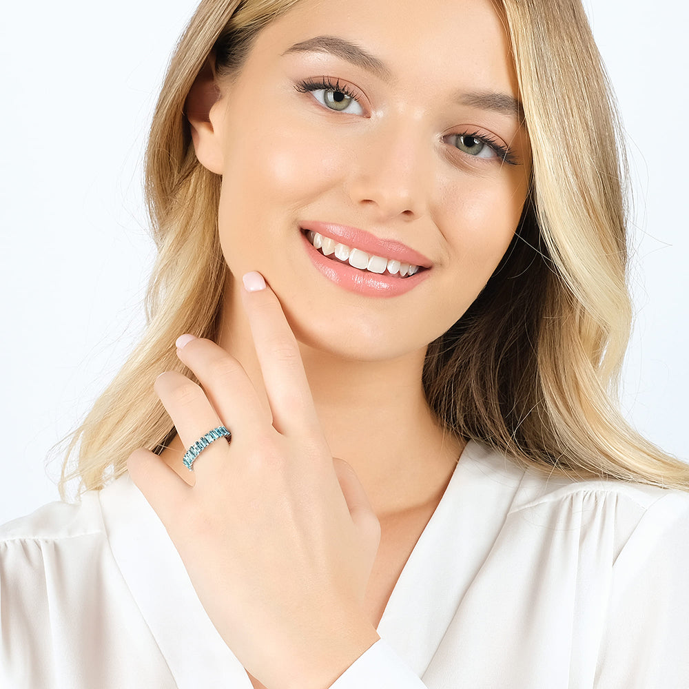 ANILLO ABIERTO DE ACERO PARA MUJER CON CRISTALES AZULES