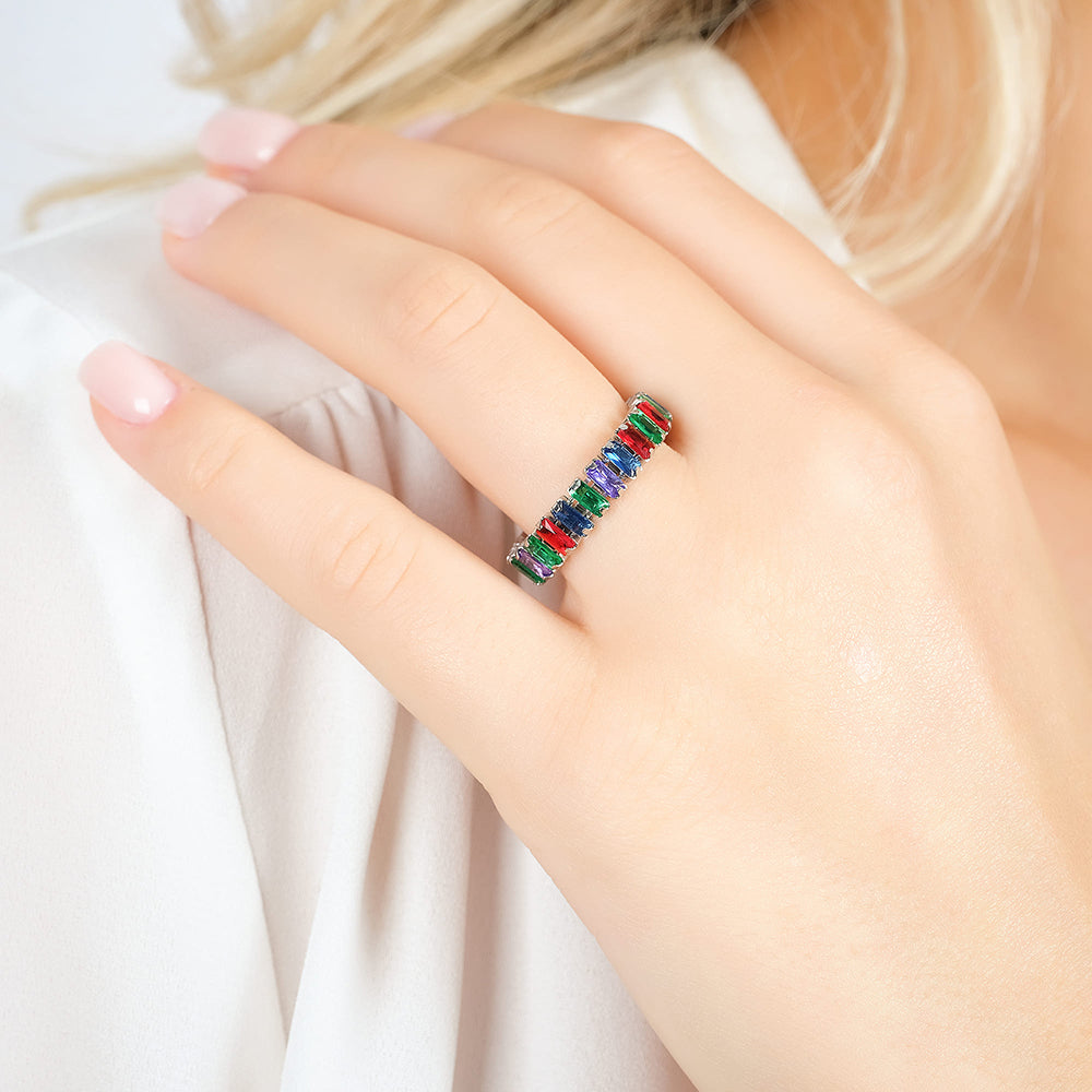 ANILLO DE ACERO PARA MUJER CON CRISTALES MULTICOLOR