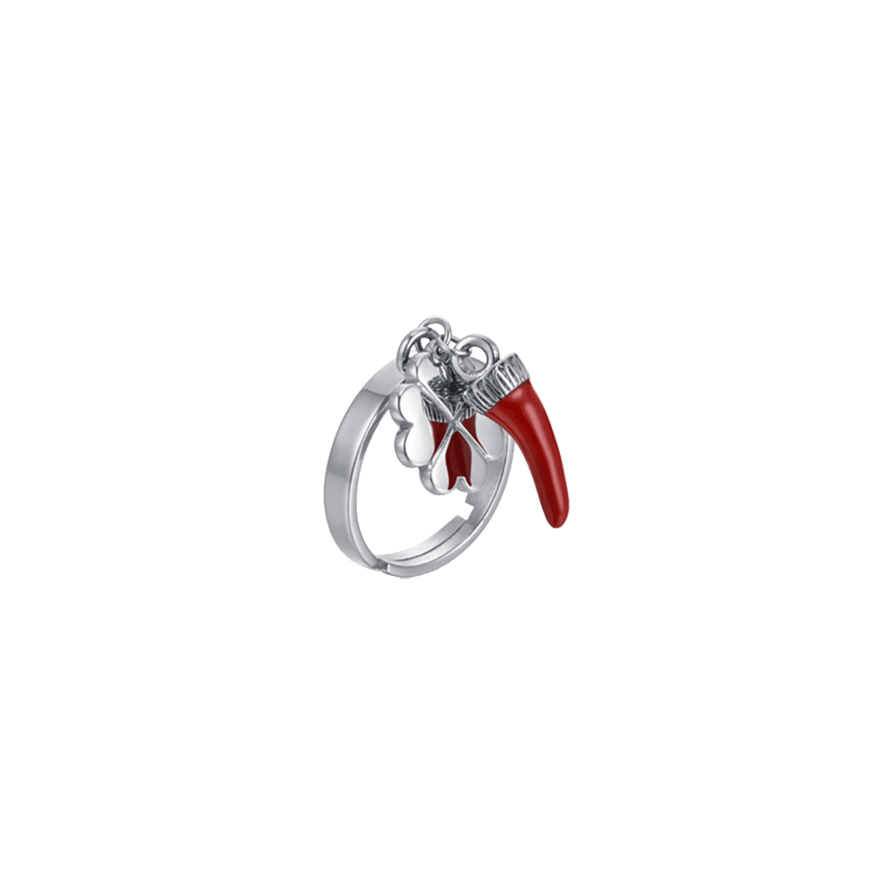 ANILLO DE ACERO PARA MUJER CON CUERNO DE ESMALTE ROJO Y TRÉBOL DE CUATRO HOJAS