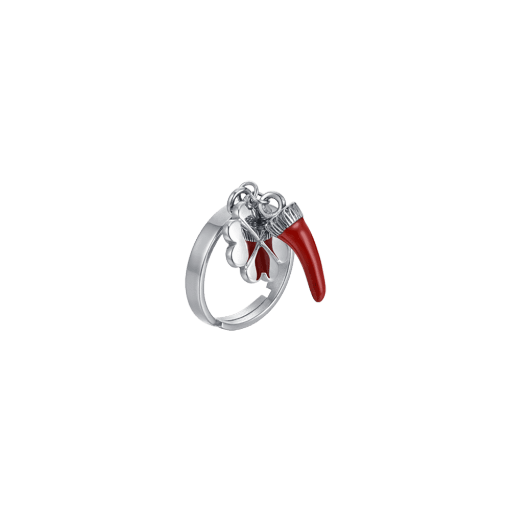 ANILLO DE MUJER EN ACERO CON CORONA CON ENAMELADO ROJO Y CUADRIFOGLIO Luca Barra