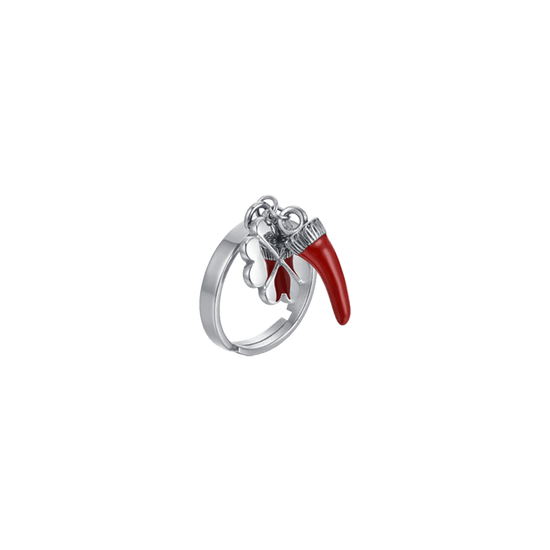 ANILLO DE ACERO PARA MUJER CON CUERNO DE ESMALTE ROJO Y TRÉBOL DE CUATRO HOJAS