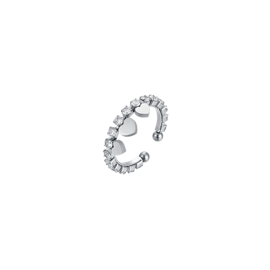ANILLO DE ACERO PARA MUJER CON CRISTALES BLANCOS Y CORAZONES