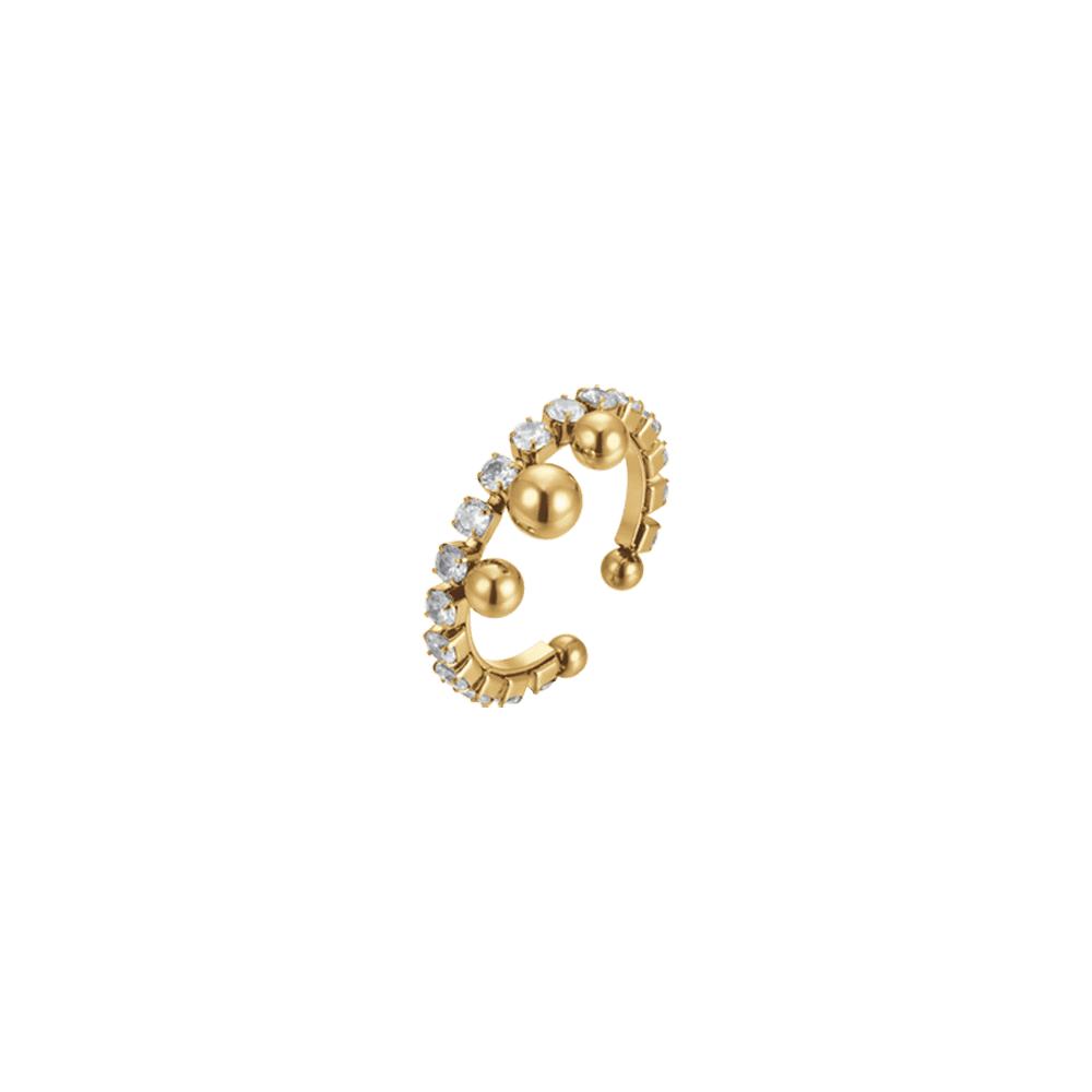 ANILLO DE MUJER IP DE ACERO DORADO CON CRISTALES BLANCOS Y ESFERAS