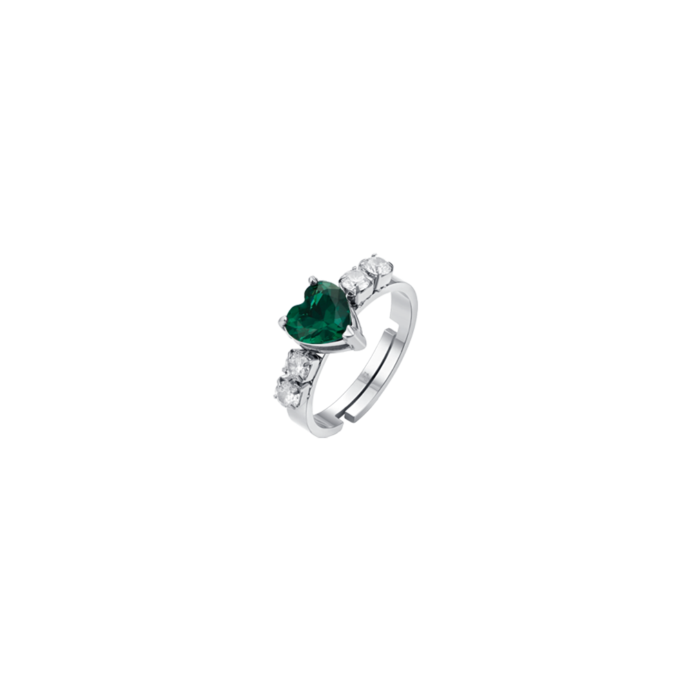 ANILLO DE ACERO PARA MUJER CON CRISTALES BLANCOS Y CORAZÓN DE CRISTAL VERDE