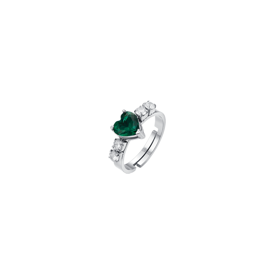 ANILLO DE ACERO PARA MUJER CON CRISTALES BLANCOS Y CORAZÓN DE CRISTAL VERDE