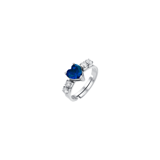 ANILLO DE ACERO PARA MUJER CON CRISTALES BLANCOS Y CORAZÓN DE CRISTAL AZUL