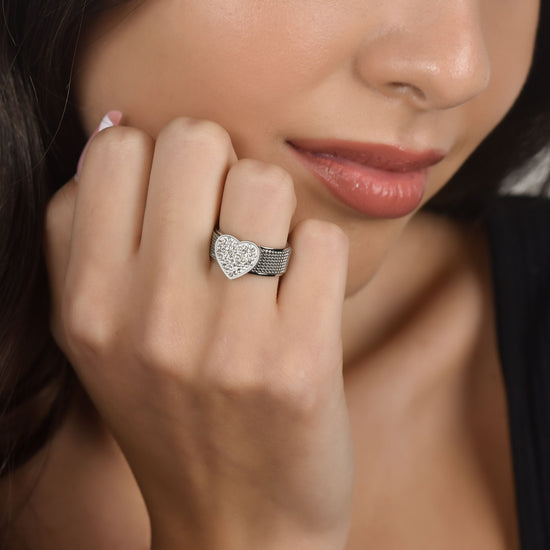 MILANO LINK ANILLO DE ACERO PARA MUJER CON CORAZON CON CRISTALES BLANCOS