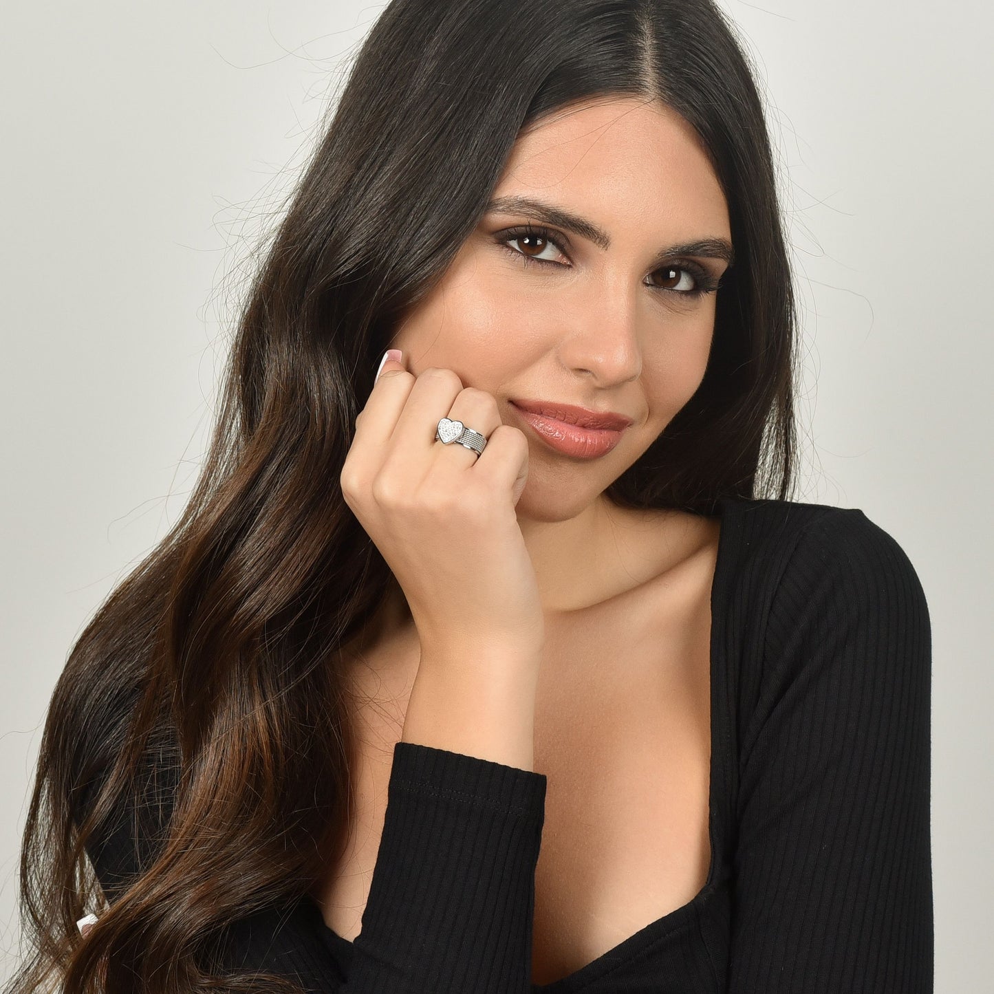MILANO LINK ANILLO DE ACERO PARA MUJER CON CORAZON CON CRISTALES BLANCOS