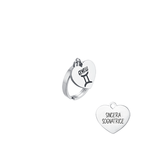 ANILLO DE ACERO SIGNO ZODIACAL GÉMINIS MUJER CON CORAZON