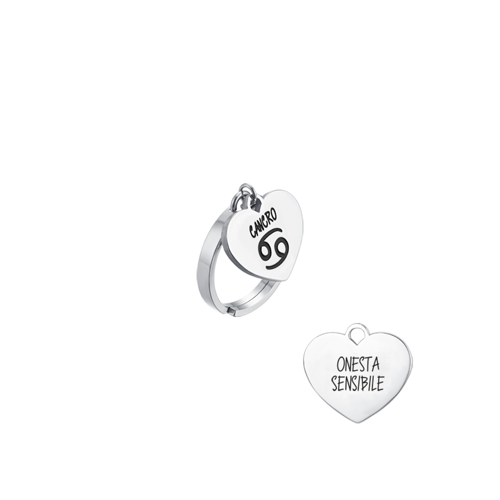 ANILLO DE ACERO PARA MUJER SIGNO DEL ZODIACO CANCER CON CORAZON