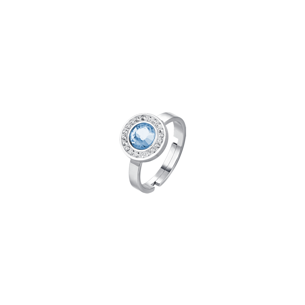 ANILLO ACERO MUJER ELEMENTO CRISTAL AGUAMARINA Y CRISTALES BLANCOS