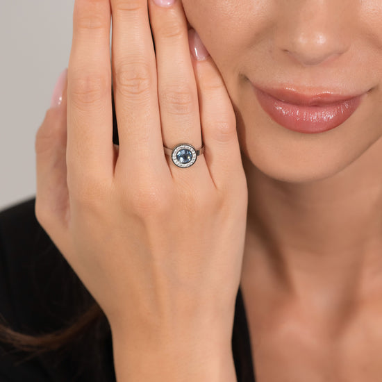 ANILLO ACERO MUJER ELEMENTO CRISTAL AGUAMARINA Y CRISTALES BLANCOS