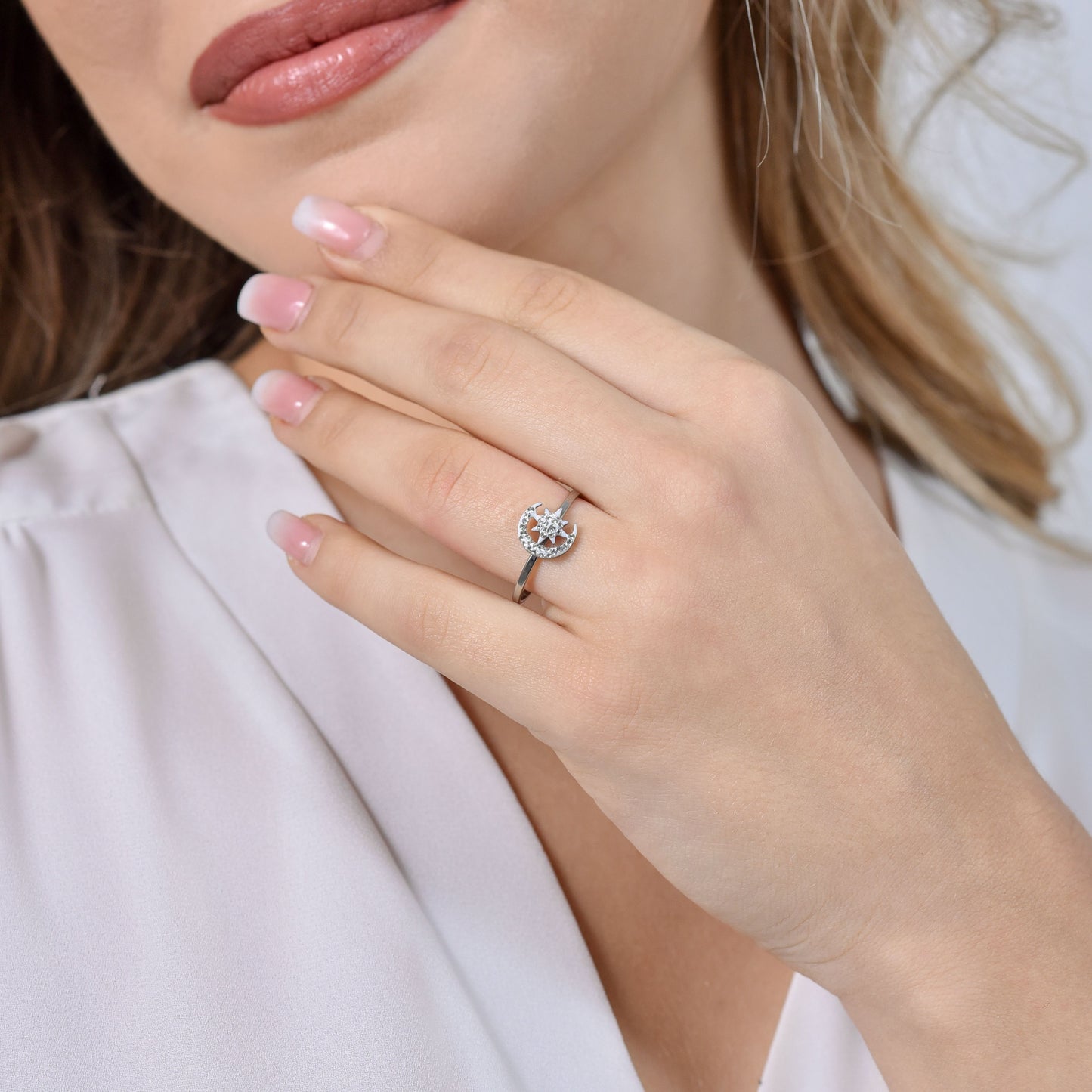 ANILLO ESTRELLA Y LUNA DE ACERO PARA SEÑORA