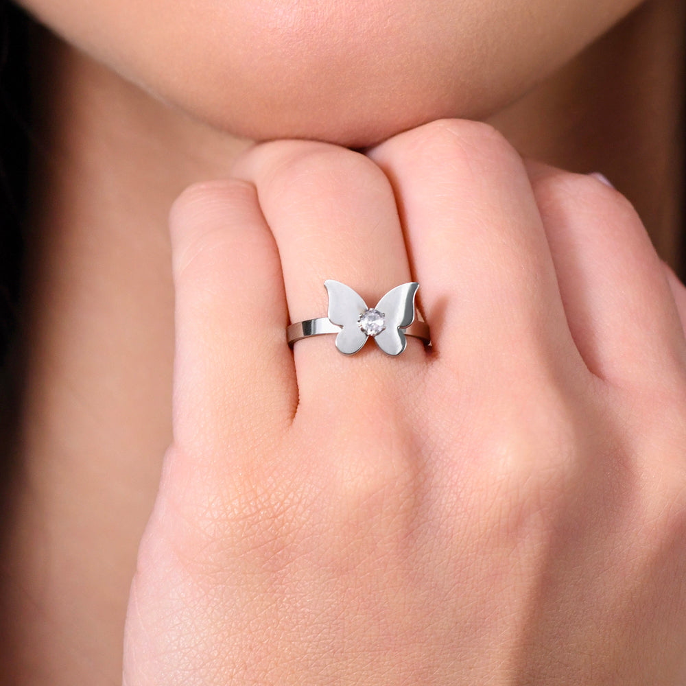ANILLO DE MUJER DE ACERO CON MARIPOSA Y CIRCONITA