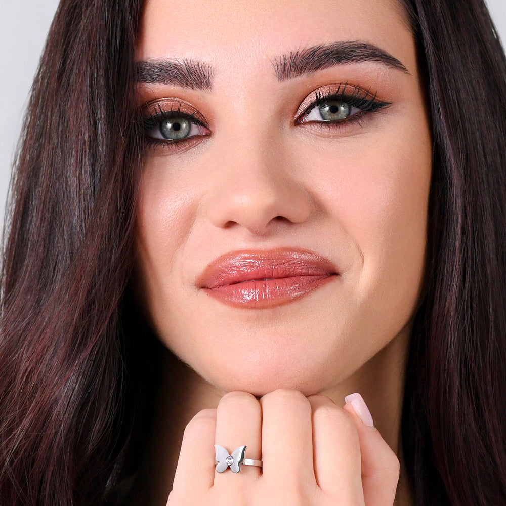 ANILLO DE MUJER DE ACERO CON MARIPOSA Y CIRCONITA