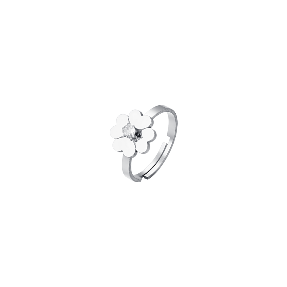 ANILLO DE ACERO TRÉBOL DE CUATRO HOJAS Y CIRCONITA PARA MUJER