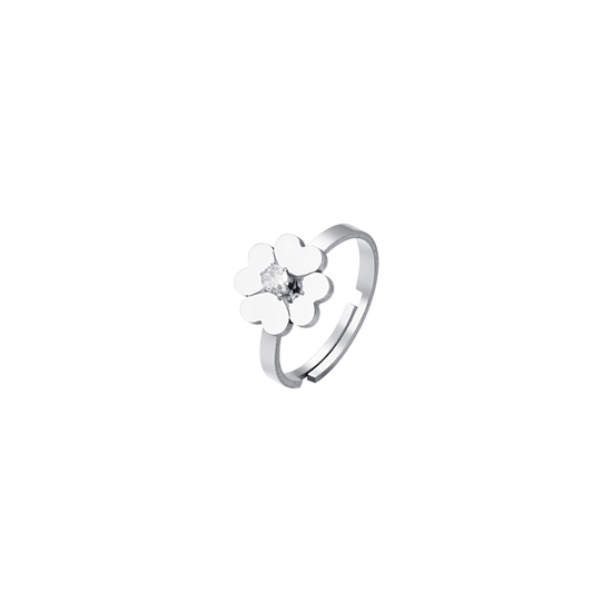 ANILLO DE ACERO TRÉBOL DE CUATRO HOJAS Y CIRCONITA PARA MUJER