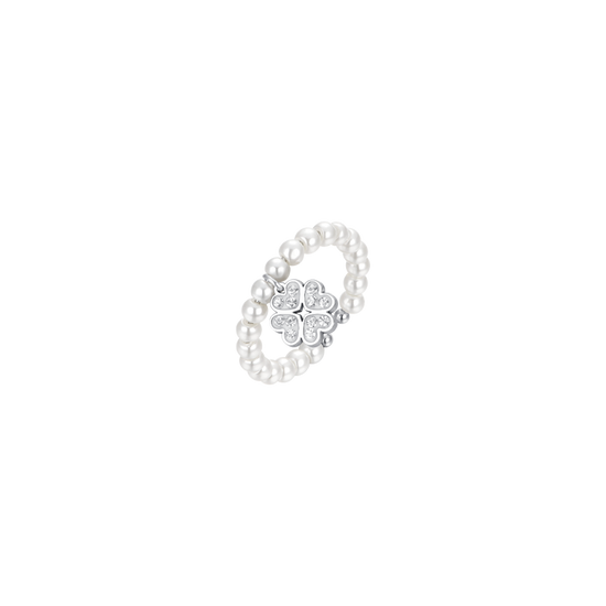 ANILLO DE MUJER DE ACERO CON PERLA Y TRÉBOL