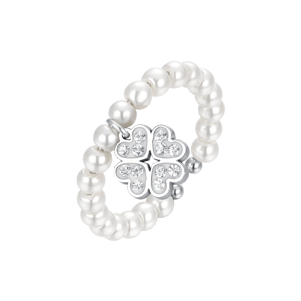 ANELLO DONNA IN ACCIAIO CON PERLE SINTETICHE E QUADRIFOGLIO CON CRISTALLI BIANCH