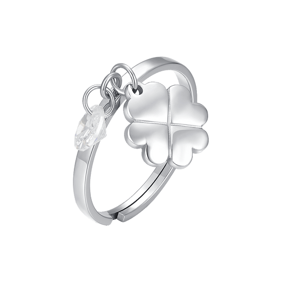 ANELLO DONNA IN ACCIAIO CON QUADRIFOGLIO E ZIRCONE BIANCO