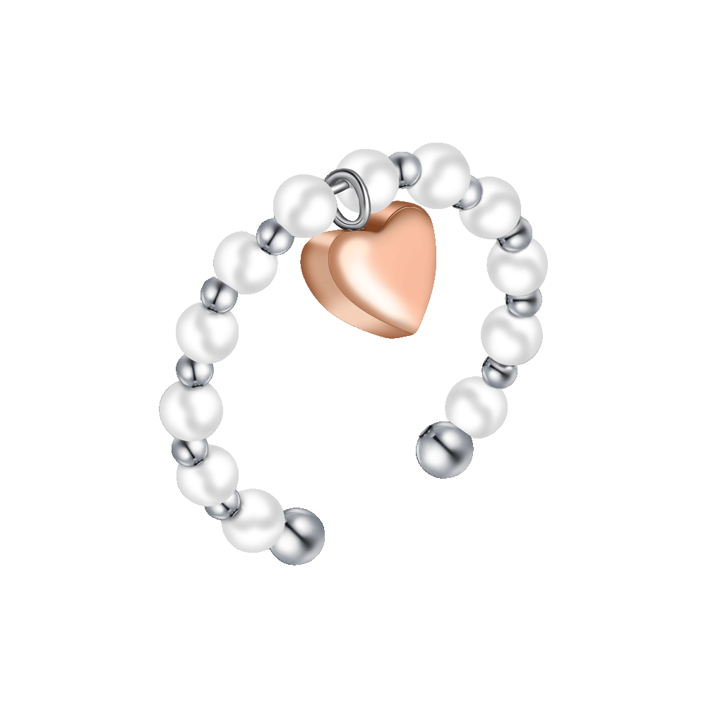ANELLO DONNA IN ACCIAIO IP ROSE E PERLE SINTETICHE BIANCHE CON CUORE IP ROSE
